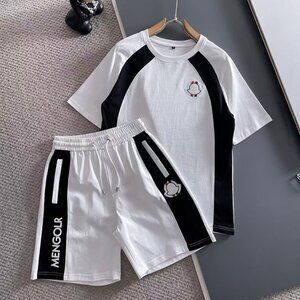Moncler White Embroidered LOGO T-Shirt And Short Sets In Cotton